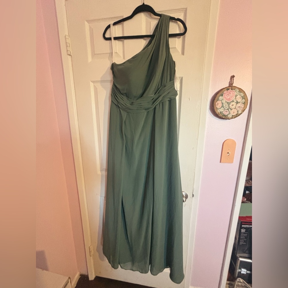Azazie bridesmaid one shoulder dress in “Eucalyptus”